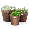 Set of 3 Outdoor Wooden Barrel Planter Pots with Handles