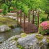 7.5 Ft Wooden Garden Bridge with Hand Rails in Carbonized Wood Finish