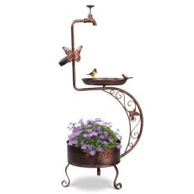36 inch Vintage Metal Garden Bird Bath with Solar Lamp and Flower Planter,  Bronze